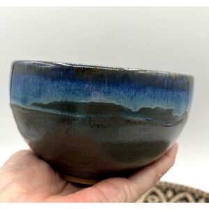 Studio Art Pottery Cereal Soup Bowl Hand Thrown Blue Brown Green Glaze Signed